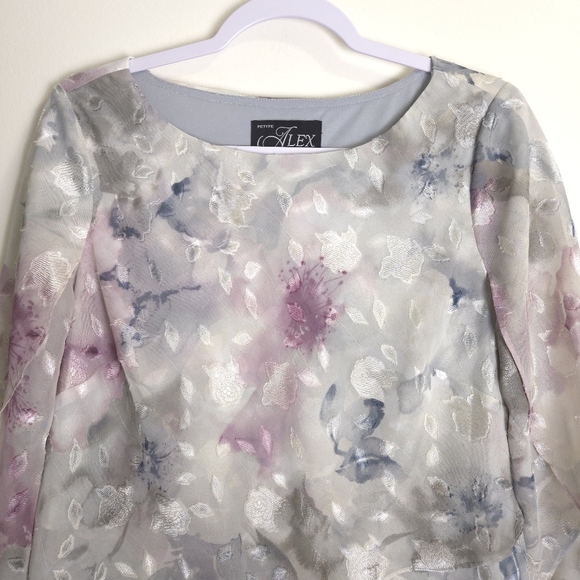 ALEX Evenings Tie Dye 3/4 Sleeve Floral‎ Textured Asymmetric Tier Hem Blouse Mp - Picture 2 of 8